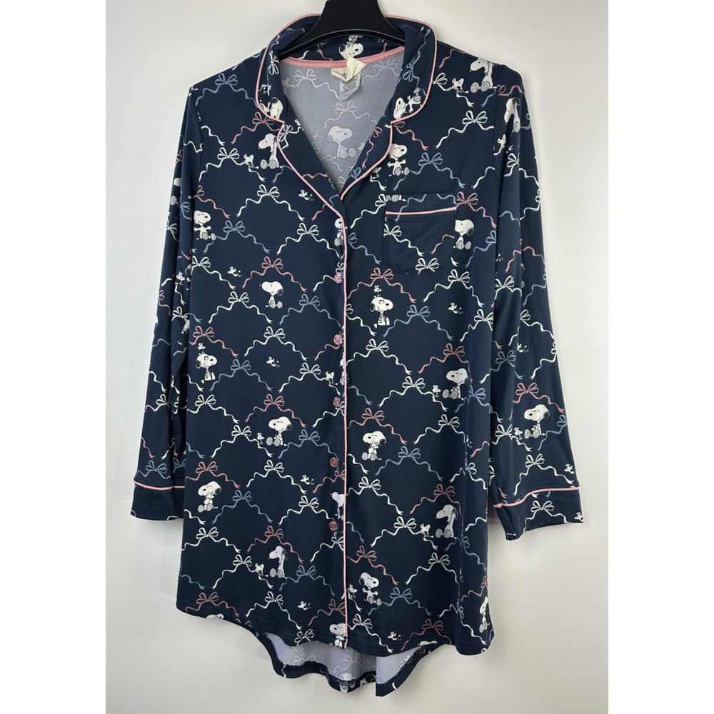 munki munki x Peanuts Sleep Shirt Dress Snoopy Print Navy Blue Button Medium - Picture 2 of 10